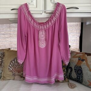 Sunny Leigh HOT PINK PEASANT TOP Size L Women's Embroidered Sequins Boat Neck